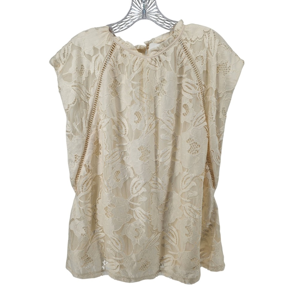 Anne Klein Womens XL Cream Floral Lace Cap Sleeve Blouse NWT Ivory Round Neck